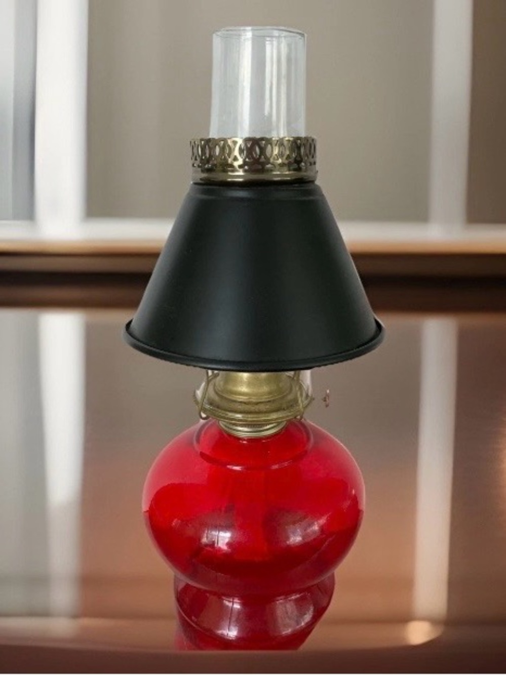 Red Glass Oil Lamp with Matte Black Shade